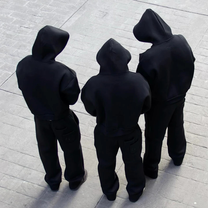 Fashion Loose Hoodies Sweatshirt Wide Leg Sweatpants Mens Casual Solid Hooded Pullover Straight Pants 2 Piece Set Tracksuit 241205