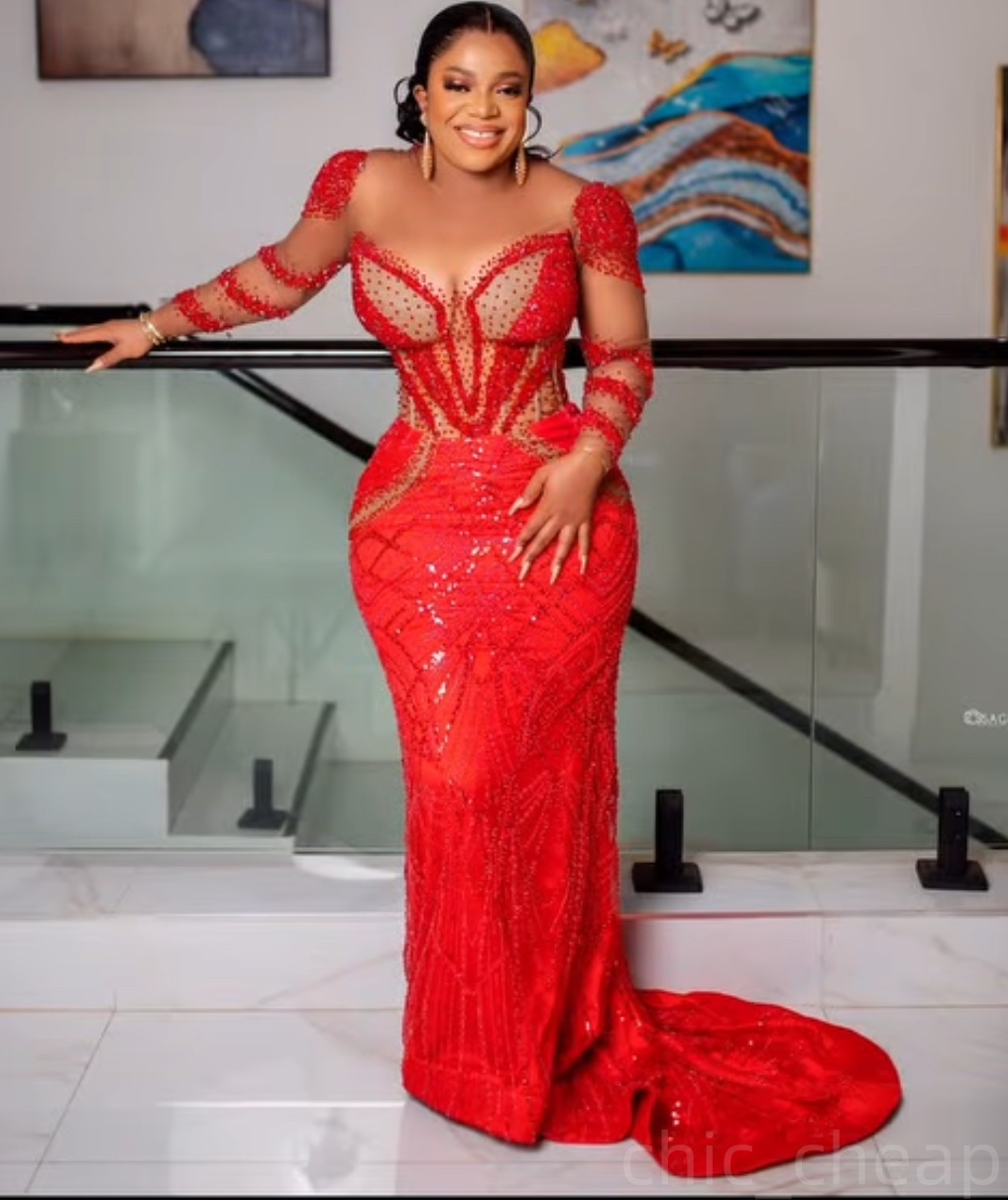 Red Illusion Mermaid Prom Dresses 2025 Beaded Sequined Full Sleeves Evening Formal Party Second Birthday Engagement Gowns Plus Size Dress For Special 