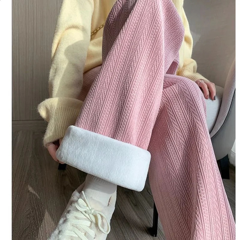 Autumn/Winter Full Match Wool Wide Leg Pants for Womens Casual Solid Color Elastic Waist Trouser Womens Clothing Thick Pants 241202