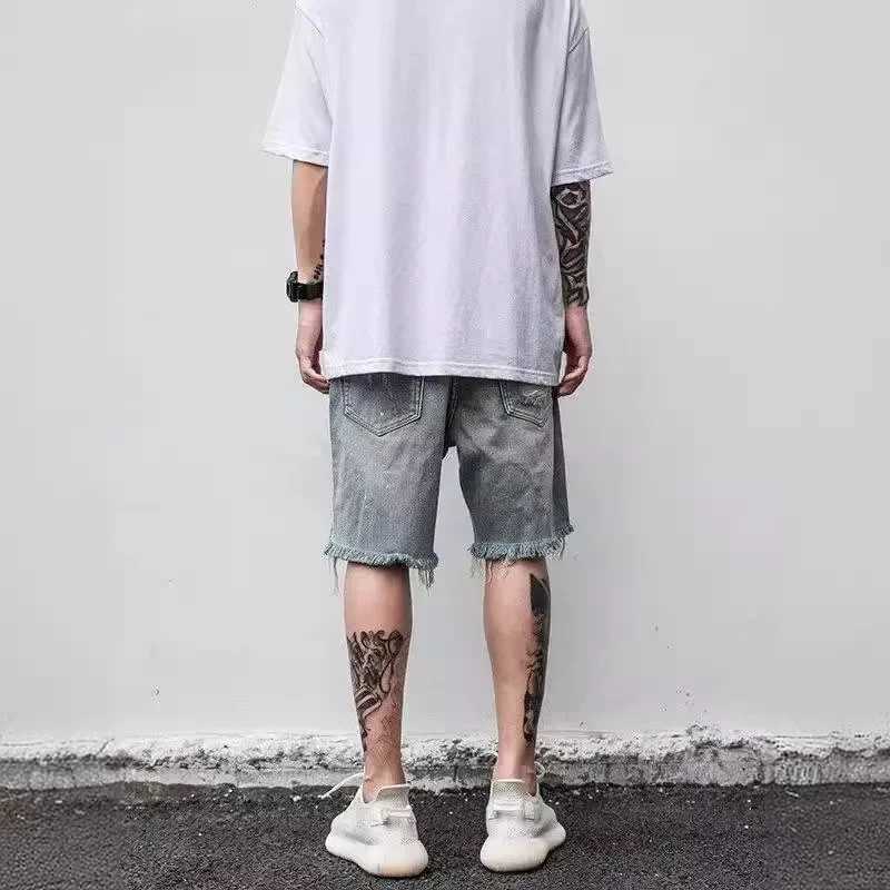 American Style Denim Shorts For Men Trendy Loose-Fit Summer Thin Section Fringe Damaged Design Sensibility Niche Brand Mid-LengtXJ241206