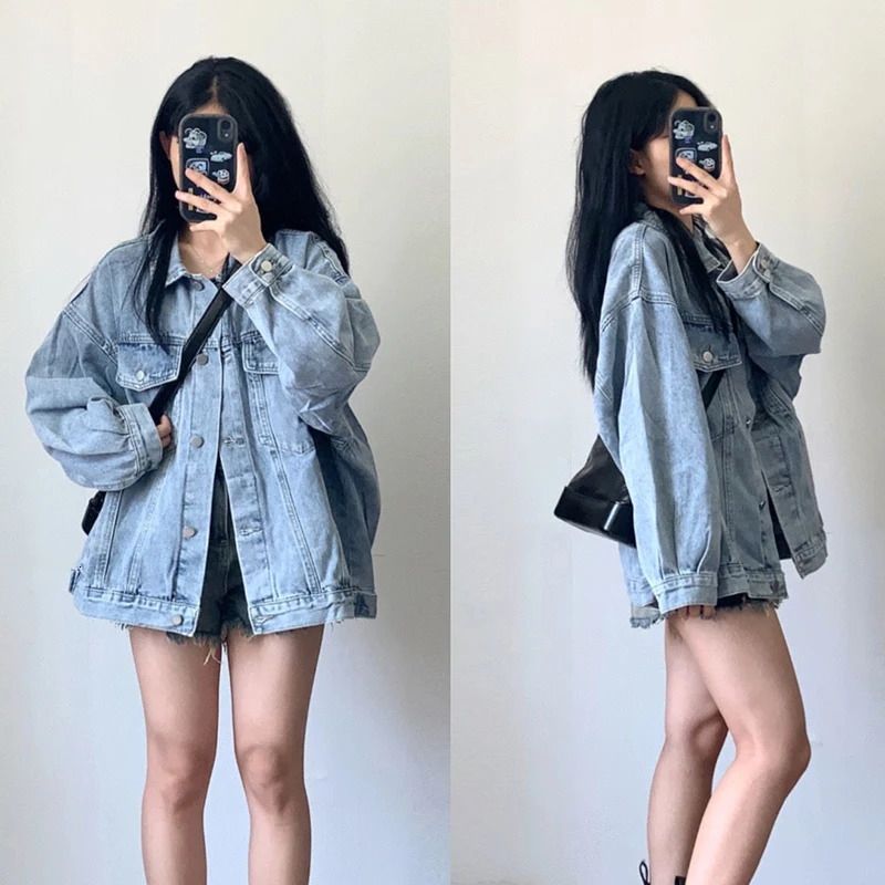 Korean style denim jacket womens 2024 autumn long sleeved blue retro lapel loose 241206