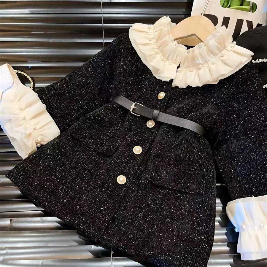 Girls Casual Dresses New Girl Autumn Winter Long Sleeved Baby Princess Belt Childrens Clothing Button 2024 Fashion SimpleXJ241206