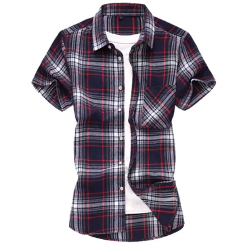 Fashion Striped Plaid Short-sleeved Shirt Men's Single-breasted Square Collar Cotton Shirts Summer Casual Camisa Men Chemise 7XL