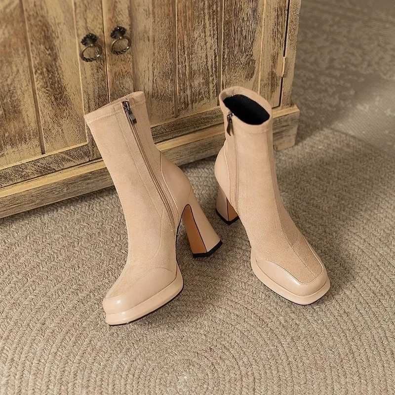 High Quality Thick heel short boots thin boots and suede high-temperature boots for warm autumn and winter splicing waterproof platforms T241206