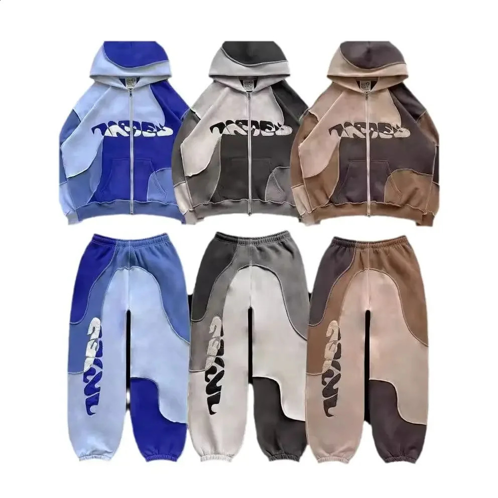 2024 European and American Stitching Retro Zipper Hooded Sweater Set Y2K Hiphop Color Casual for Men Women 241205