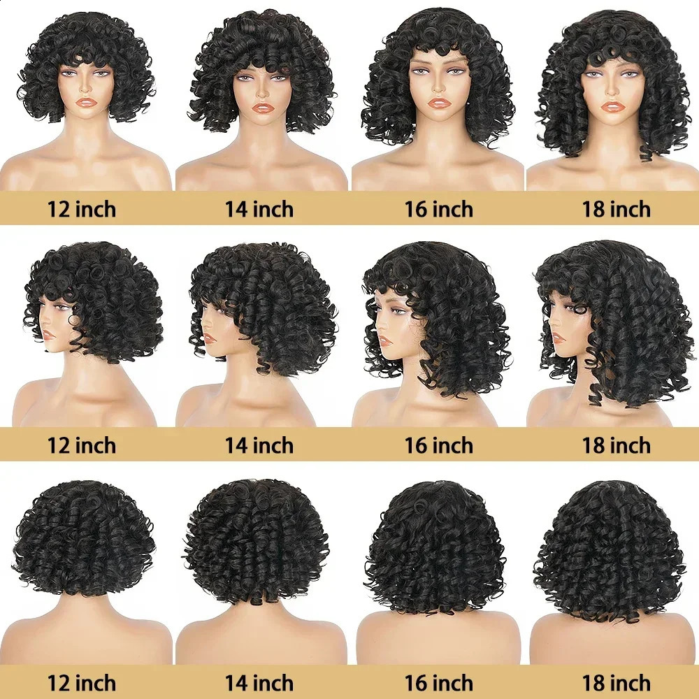 Fluffy bouncing curly human hair wig with bangs perruques cheveux humains 180% density Funmi curly short bob wig suitable for black women 241206