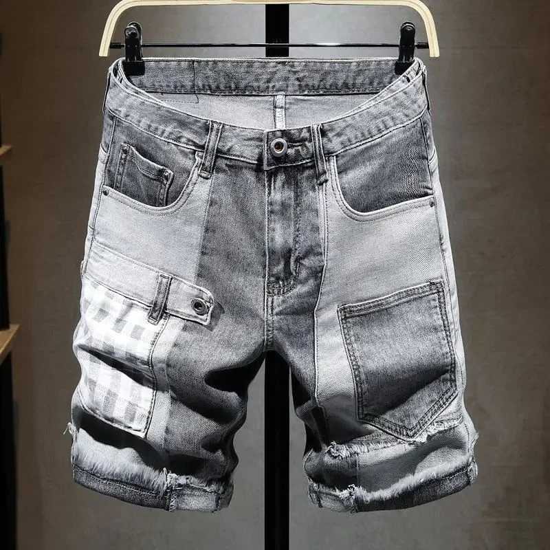 Graphic Man Denim Shorts Multi Color Short Jeans Pants for Men Cargo Bermuda with Text Stretch Jorts Thin Blue Korean Fashion XlXJ241206