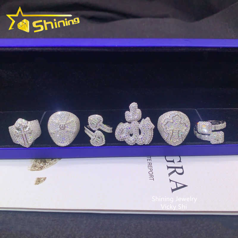 Ready to ship pass diamond tester iced out vvs moissanite diamond rings 925 sterling silver cross hip hop ring