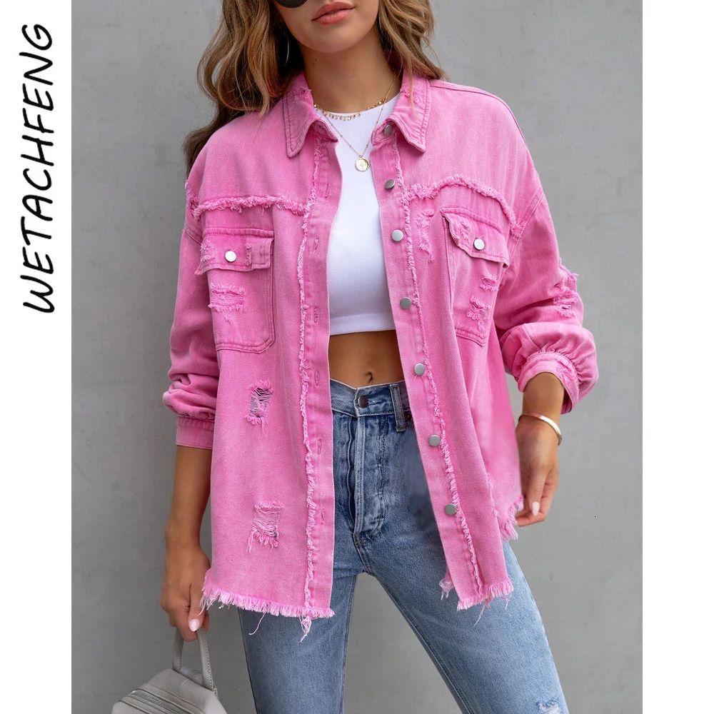 Womens autumn pink jacket long sleeved casual pocket lapel frayed hole tassel denim Korean clothing 241206