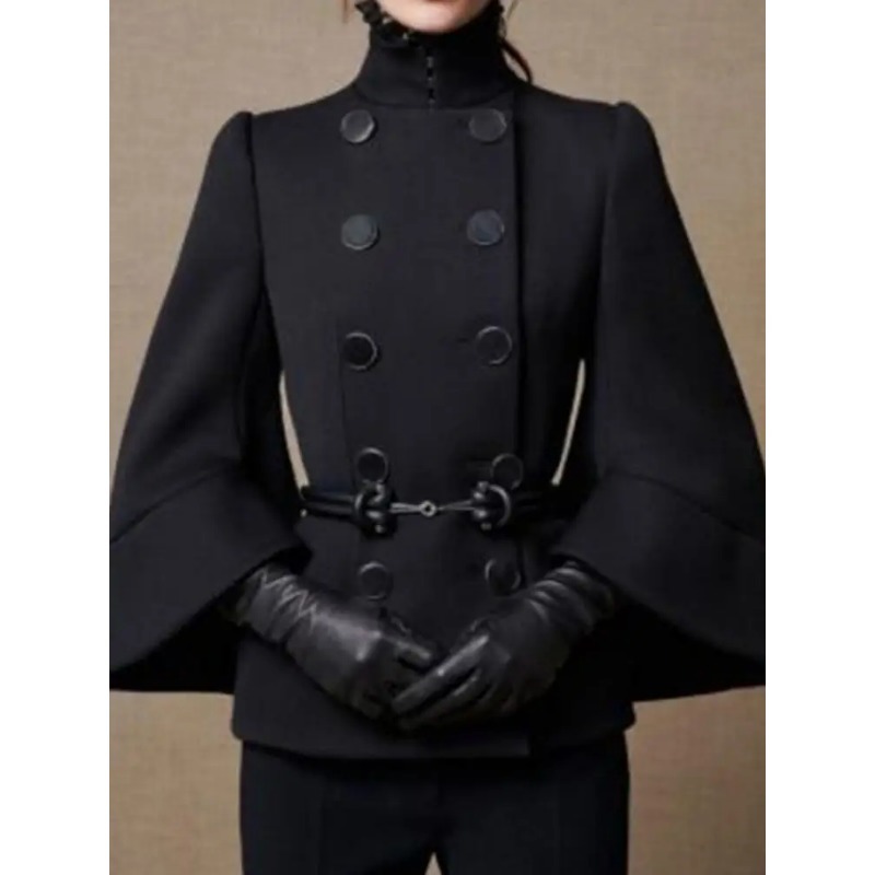 Modigirl Womens England Jackets Coatsbuttoned Black Fall Wnter Spring Long Flared Sleeves High Neck Outerwear For Ladies