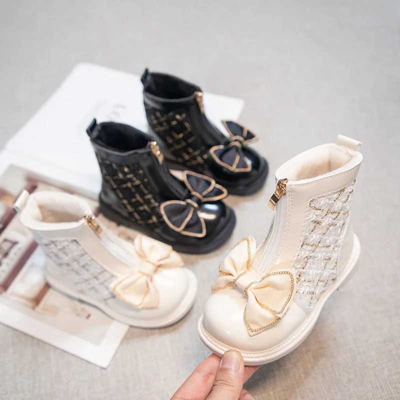Girls Short Boots Simple Soft Breatheable Children Fashion Leather Boots Zipper Kids Sweet Princess Boots with Bow-knot WinterXJ241206