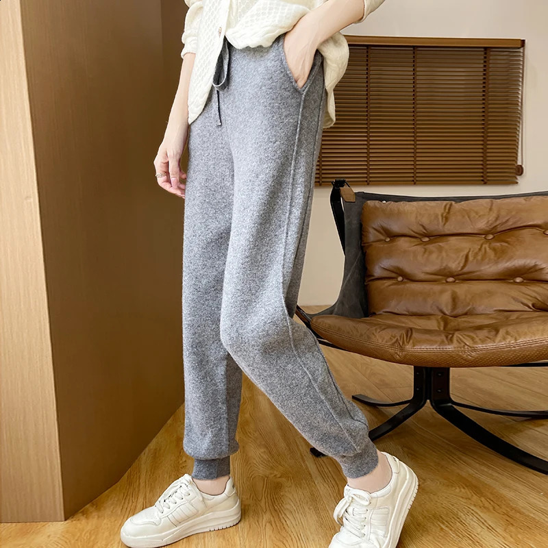 100% Womens Merino Wool Knitted Autumn/Winter Pants Solid Color Elastic Waist Fashion Casual Wool Long Legs 241202