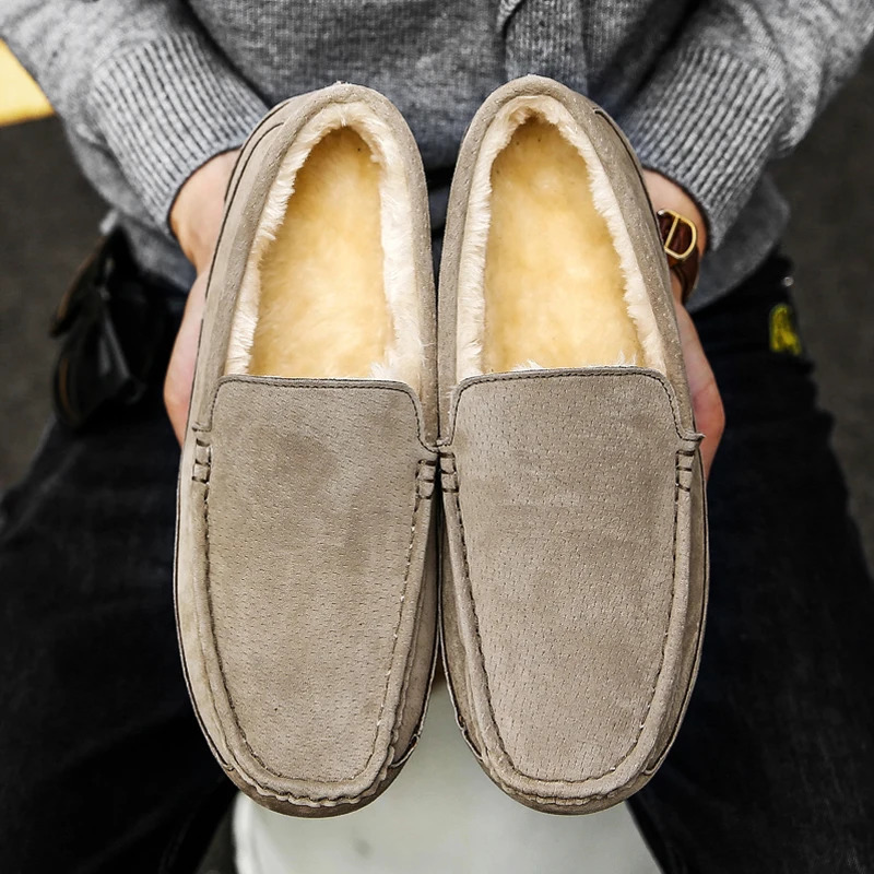 Mens Loafers Plush Suede Leather Driving Shoes Casual Winter Warm Fur Man Moccasins Slip On Driving Loafer Male Boat Shoes 241206