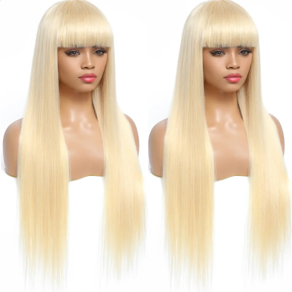 613 honey blonde straight wig with bangs Remy hair edge wig womens 180% full density machine wig with bangs 241206