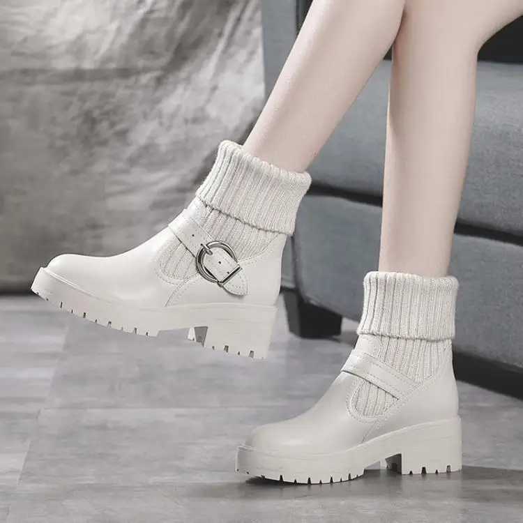 High Quality Winter Fi Knitted V et Ankle Boots Winter Korean Lace Platform Botas Warm Square Hips Botas De Mujer T241206