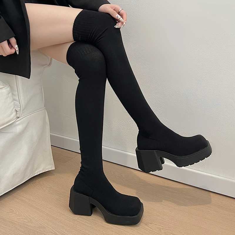 High Quality Autumn Winter Warm Platform Knee Boots Womens Long Sleeve Knitted Socks Lg Boots Sliding Block Thick Robot Shoe Ring T241206