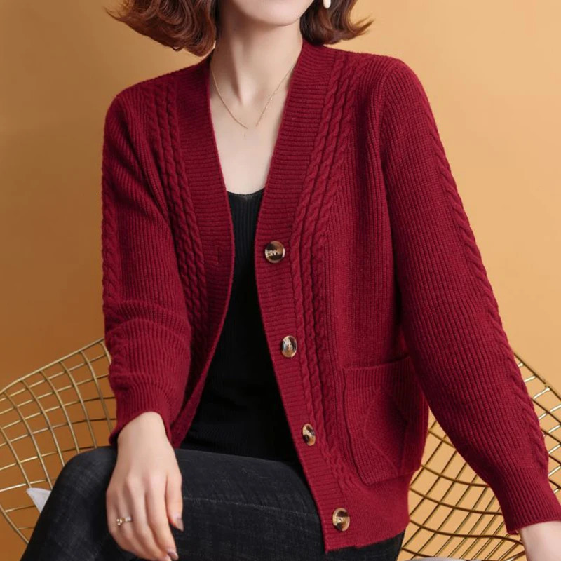 Rimocy autumn and winter knitted cardigan womens 2024 single chest Vneck sweater solid color long sleeved Jumoer jacket unprinted good product 241206