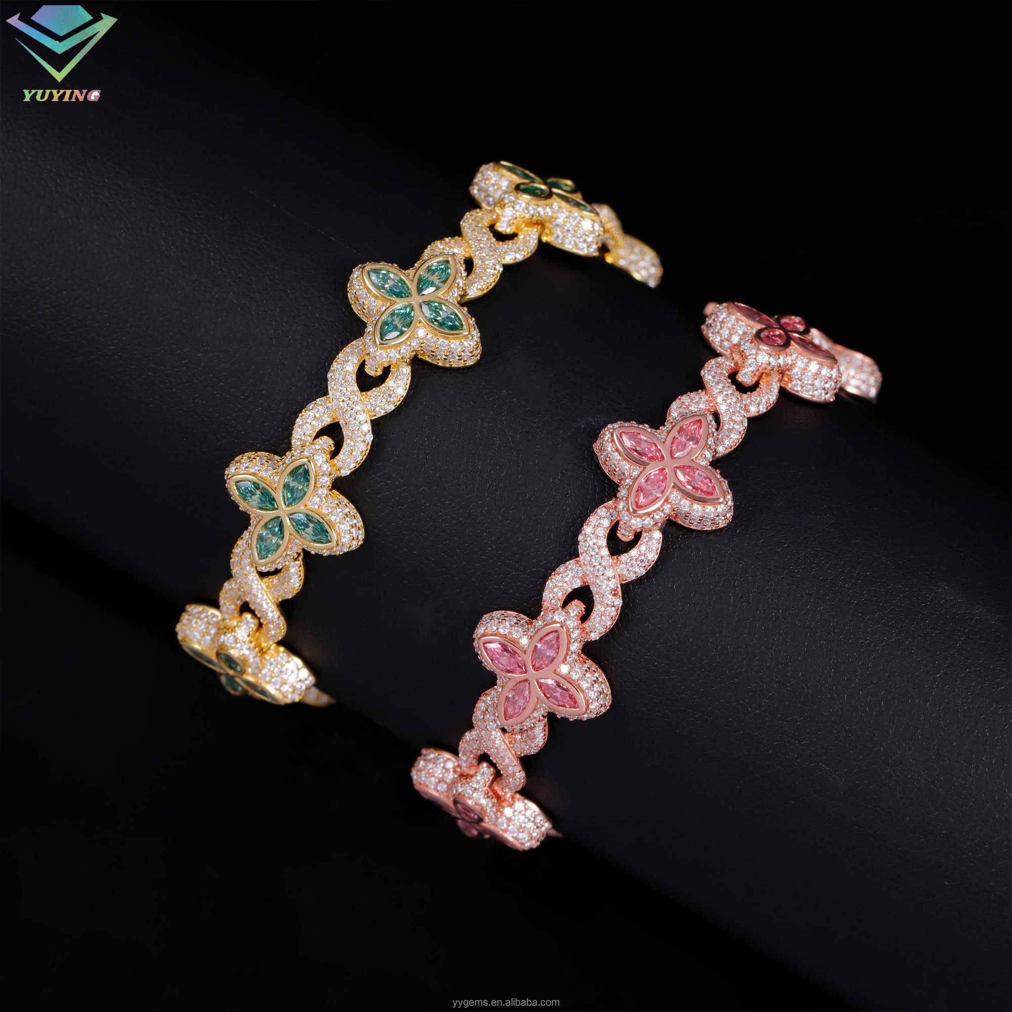 Yu Ying Lucky Clover Moissanite Diamond 925 Sterling Silver Gold Plated Clover Bracelet with GRA Certificate