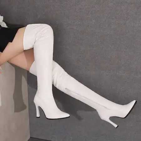 High Quality Sexy thick high heels Wenfei black knee high high heels fetish shoes PU leather corner high heels Lg ultra-thin shoes T241206