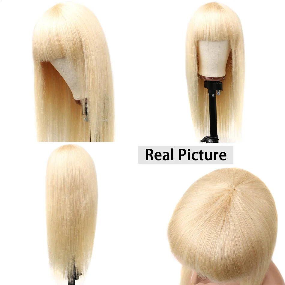 613 honey blonde straight wig with bangs Remy hair edge wig womens 180% full density machine wig with bangs 241206