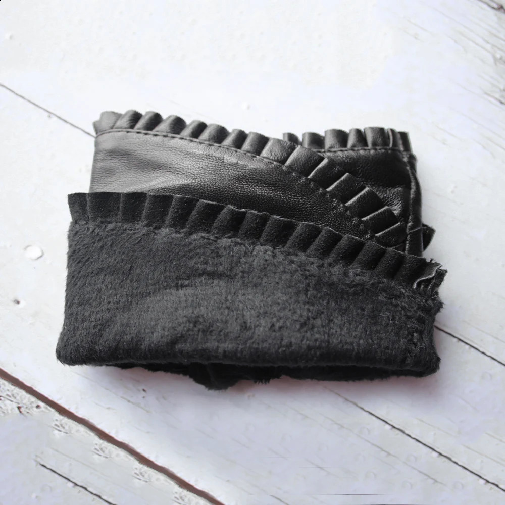 Fashion Womens Genuine Leather Sheepskin Fingerless High Quality Outdoor Driving Black Gloves Spring/Summer 241206