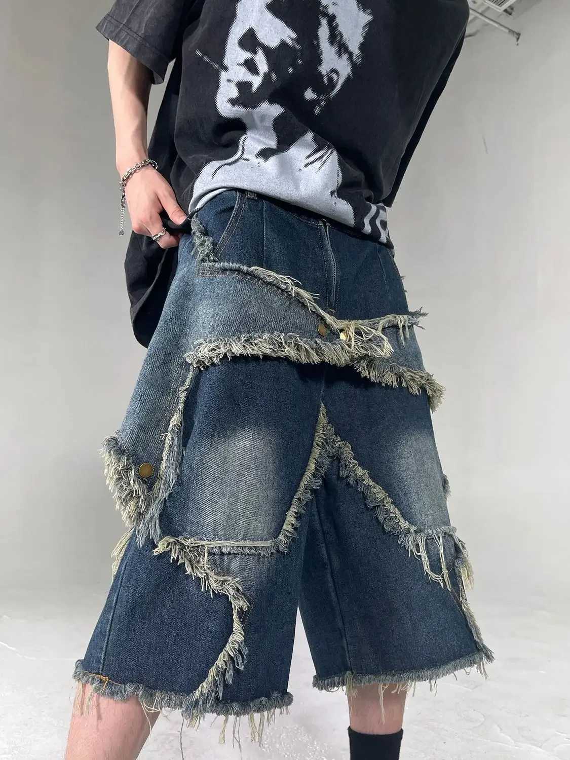 New High Street Retro Star Patch Tassel Men Denim Shorts Loose and Casual Hip Hop Street Couple Pants Sports sweatpantsXJ241206