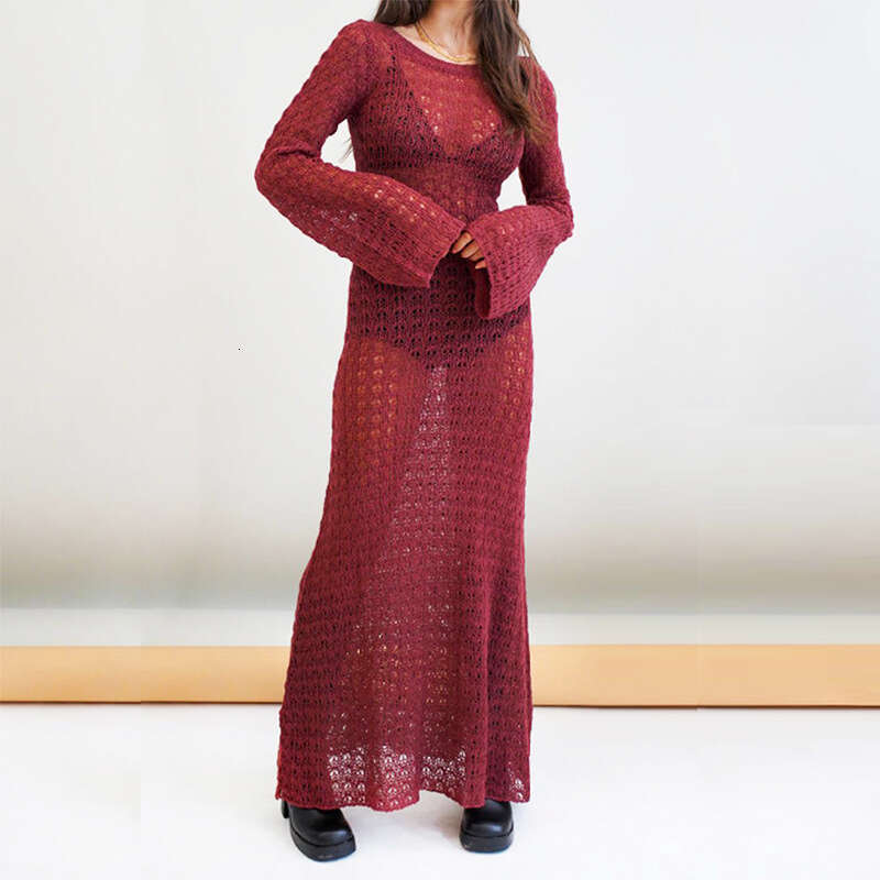 European and American beach vacation bikini outerwear skirt knitted hollow backless dress for women 2024 new casual fashion trend clothing