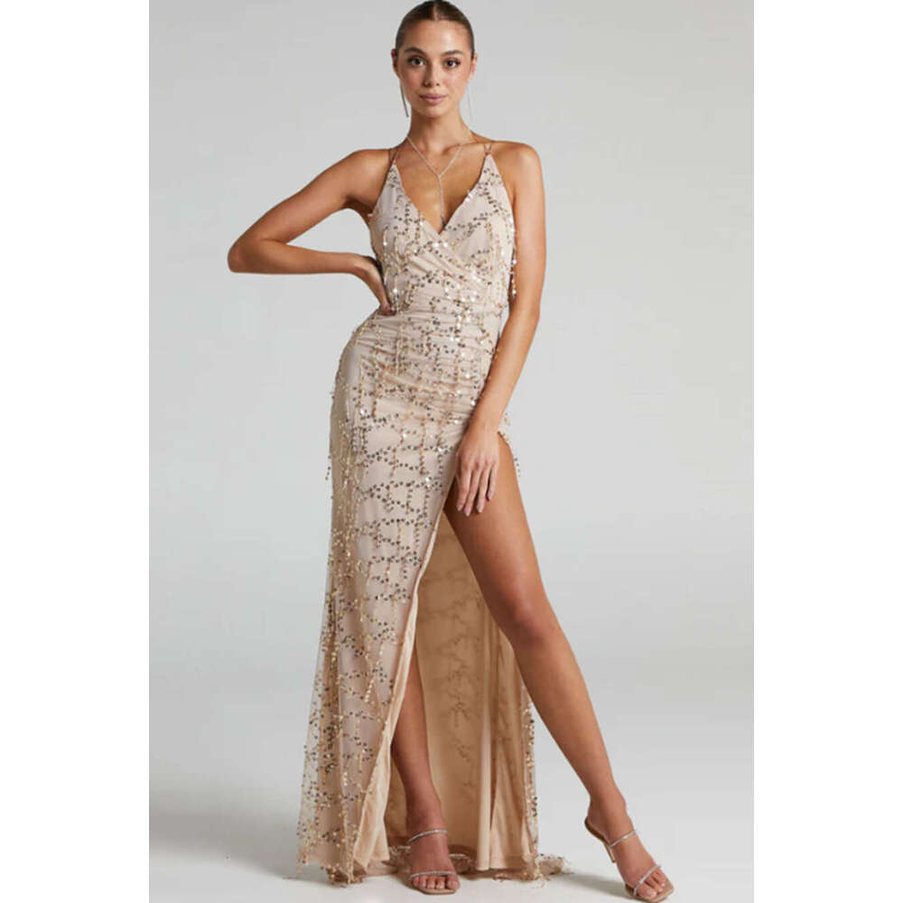 European and American solid color sequin suspender tail party long tassel dress 2024 new casual fashion trend clothing