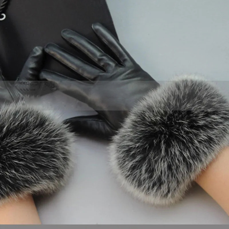 leather gloves with real fox fur womens fashion winter red hands warm black gloves driving mature fur gloves 241206