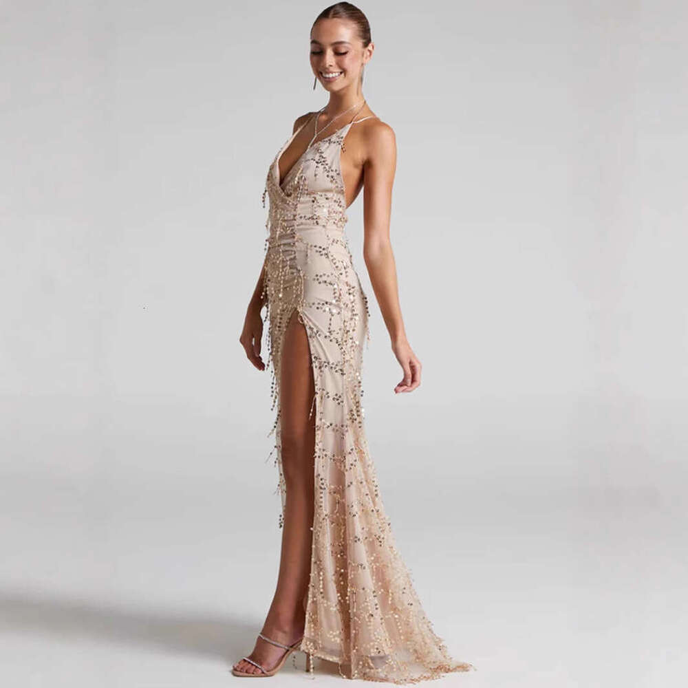 European and American solid color sequin suspender tail party long tassel dress 2024 new casual fashion trend clothing