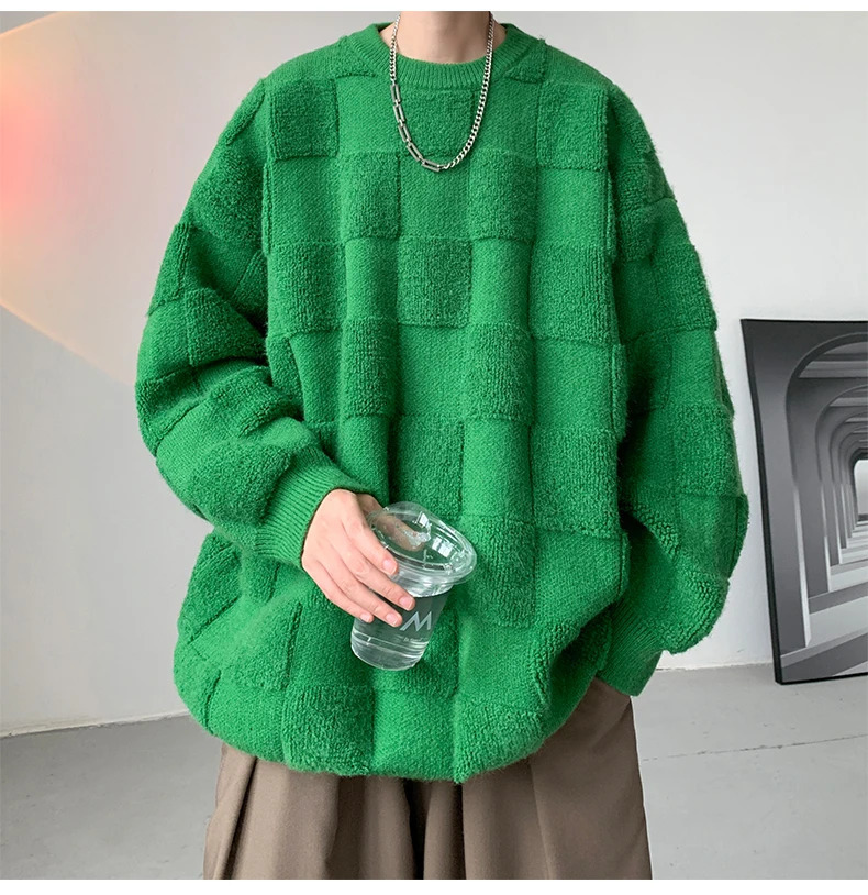 Plus Size 8XL American Street Pullover Sweater Fashion Sense Towel Embroidered Check Sweater for Men Couple Women Sweater 241206