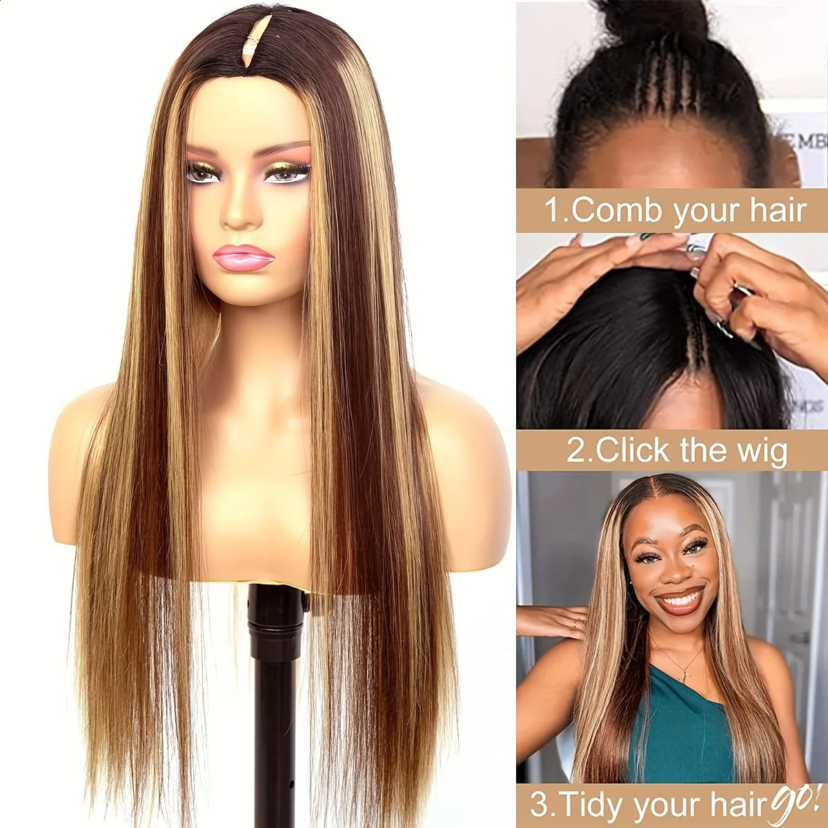 Non adhesive clothing Go Highlight V Part straight hair wig Honey blonde 4/27 Colored wig No need to leave Non adhesive V-shaped Mach 241206