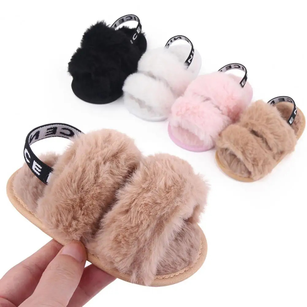 1Pair Slippers Shoes Letter Printing Fluffy Lovely Casual Baby Sandals Coral Fleece Soft-soled Baby Shoes Outdoor Supply