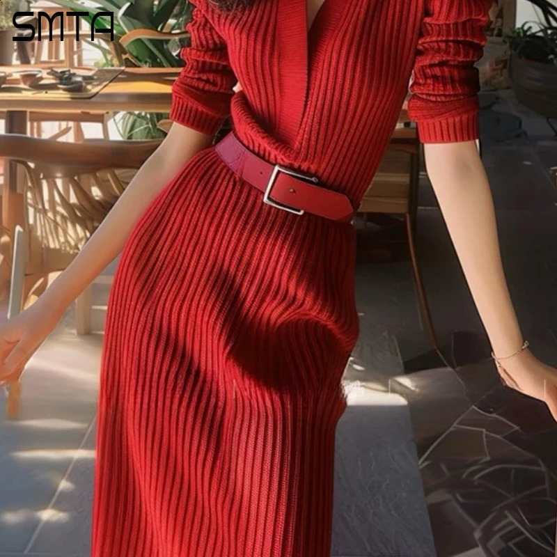 Christmas Red Knitted Sweater Womens Wedding Dress V-neck Long sleeved Belt Nightclub Dress Autumn 241205