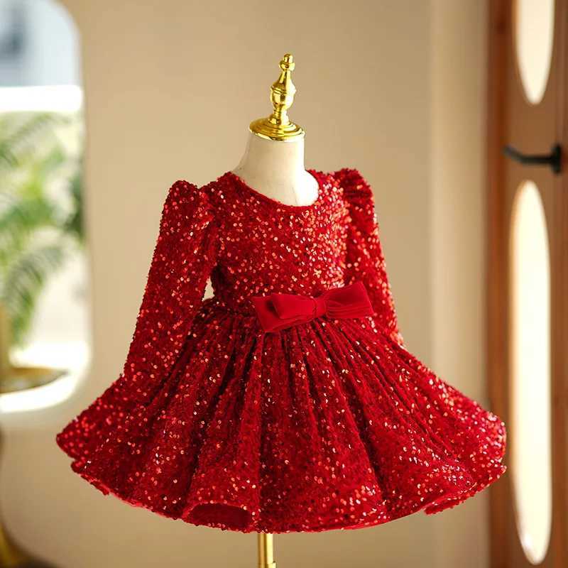Long Sleeve Fashion Red Princess Ball Gown For Girls Sequins Bow Design Birthday Par Wedding Dress g170XJ241206