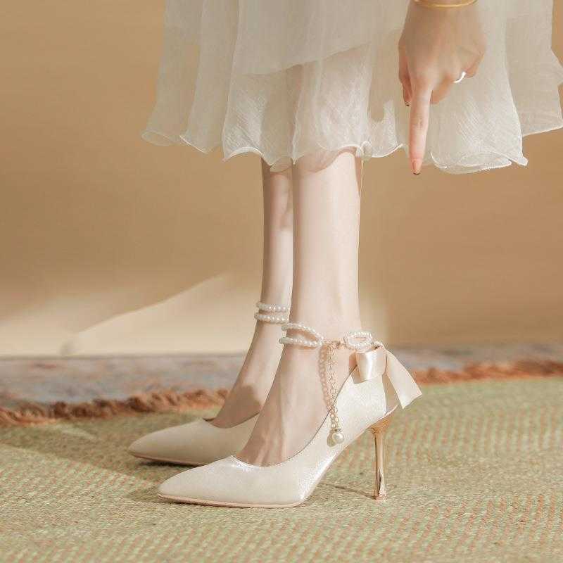 Heart Orchid New Ribbon Pearl Strap Pointed Narrow Heel High Heels Womens Versatile Commuting Sweet Series Large Size