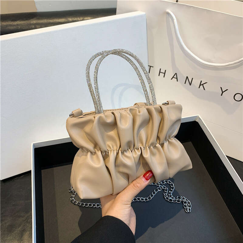 Fashionable And Fresh Rhie Women's Autumn New Item, Candy Colored Pleated Small Square Stylish Single Shoulder Crossbody Bag, Fashionable Quality