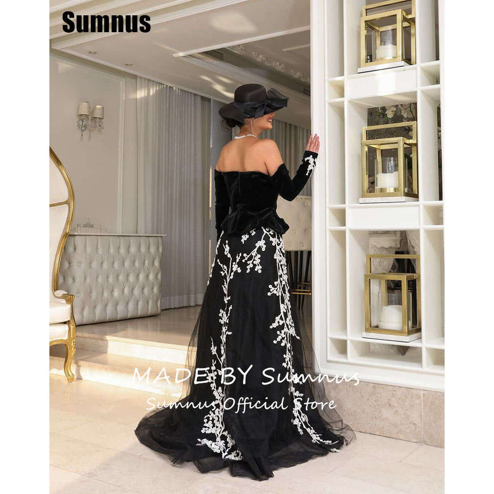 Sumnus Black A-e Velour Prom Dresses Elegant Off Shoulder Evening Dress or Length Backless Applique Formal Gown Customized