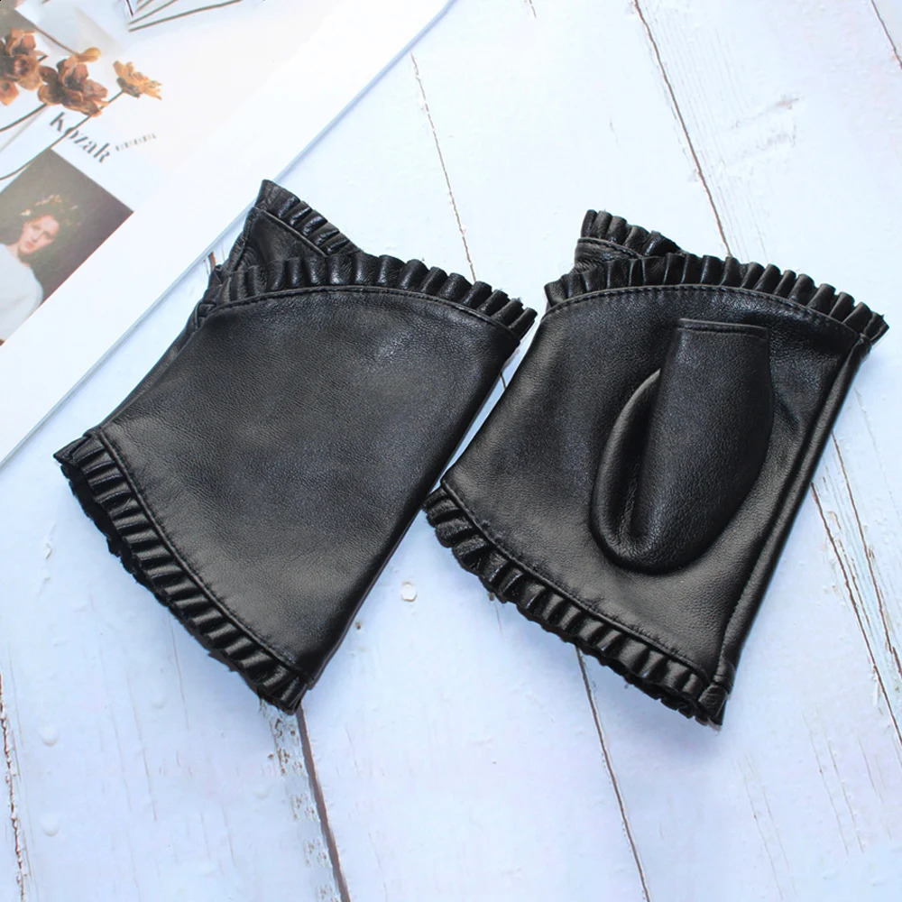 Fashion Womens Genuine Leather Sheepskin Fingerless High Quality Outdoor Driving Black Gloves Spring/Summer 241206