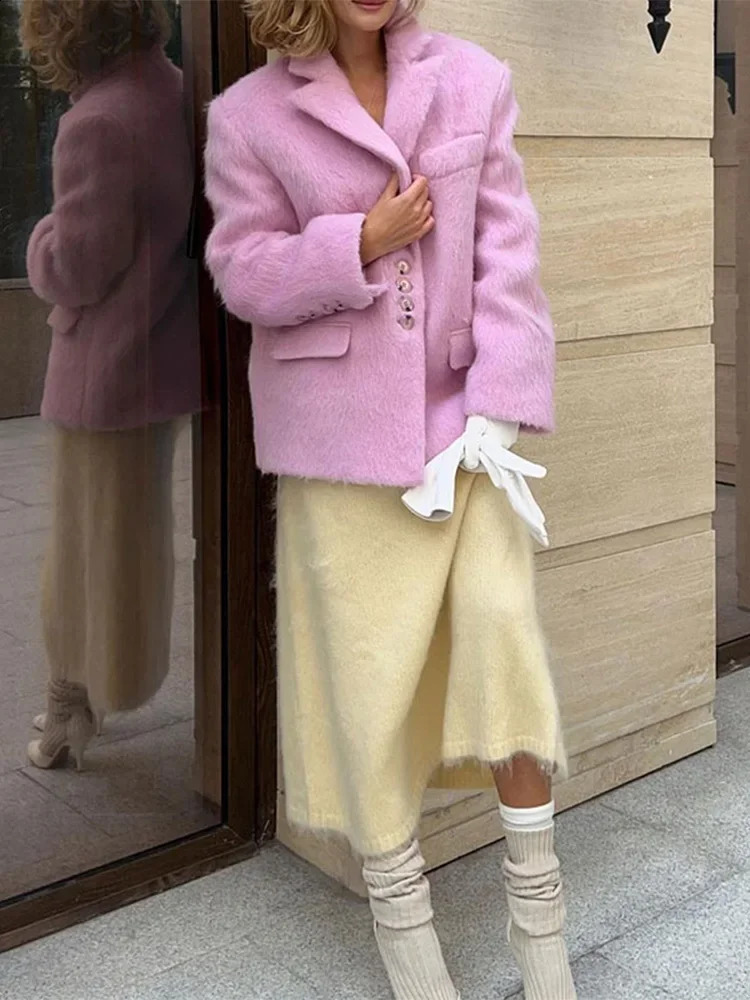 Fashion Pink Lapel Long Sleeve Blazer Jacket Warm Thick Single Breasted Loose Outwear Office Lady Commute Streetwear 241205