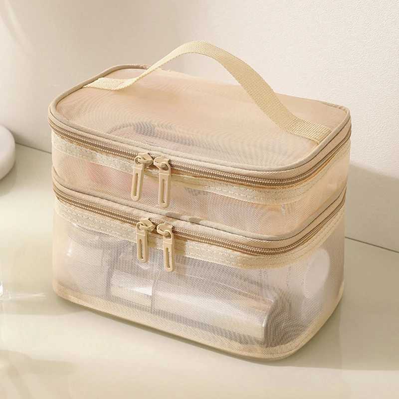1Pc Mesh Makeup Bag Travel Cosmetics Storage Bag Travel Portable Large Capacity Double Layer Transparent Mesh Zipper W BagXJ241206
