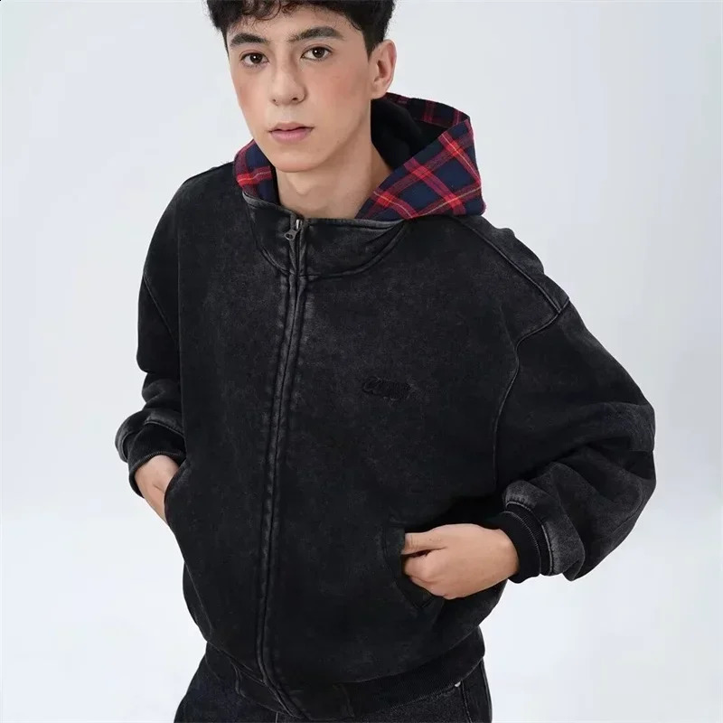 Autumn Plaid Zipper Hoodie Mens Sweatshirt Y2K Retro Street Clothing Patch Work Jacket Womens Harajuku Fashion Hoodie Coat 241205