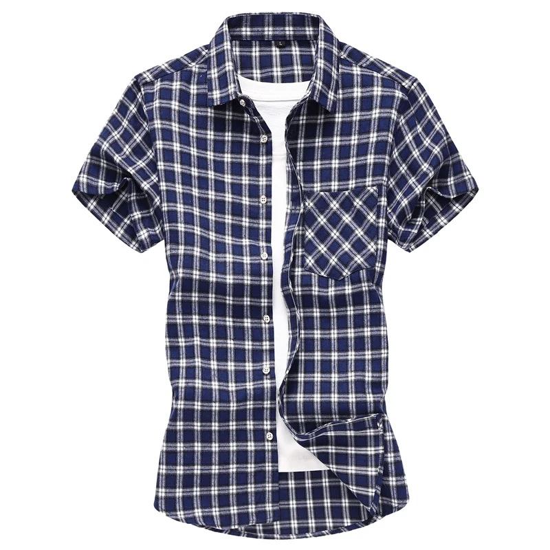 Fashion Striped Plaid Short-sleeved Shirt Men's Single-breasted Square Collar Cotton Shirts Summer Casual Camisa Men Chemise 7XL