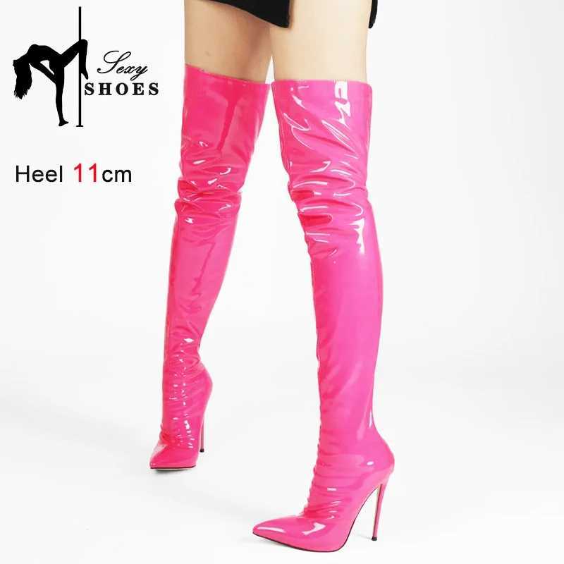 High Quality Womens shiny PU striped boots 11CM super knee boots spring/summer new item Pointed Toe back zipper womens Lg boots T241206