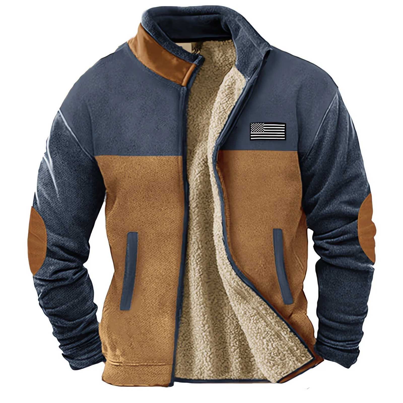 Cross-border hot holiday coat brown long-sleeved stand collar wool winter pattern stitching mens daily zipper coat factXJ241206