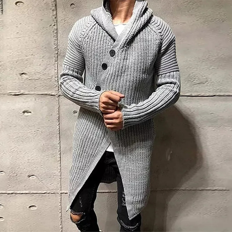 Casual Men Knitted Cardigan Fashion Long Sweaters Males Solid Sleeve Slim Outwear Autumn Winter Warm Hooded Coat Knitwear 241205Z