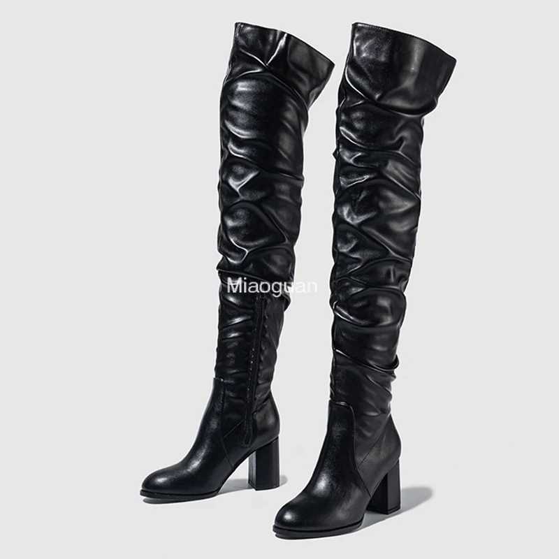 High Quality Black high-quality soft wrinkled leather knee strap boots Fi zipper round toes block shaped square H motorcycle shoes T241206