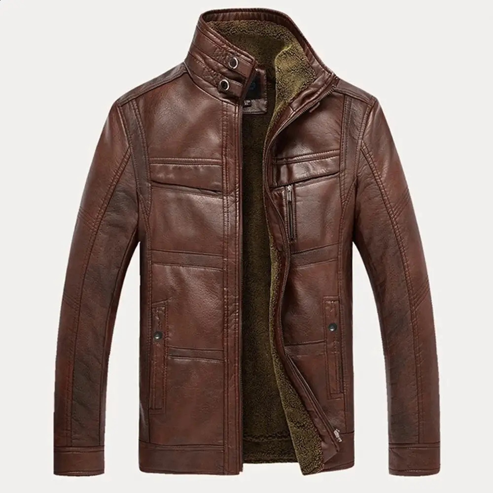 Brown Leather Jacket Thicken Fleece Lined Men Stand Collar Slim Motorcycle PU Biker Mens Clothing 241202