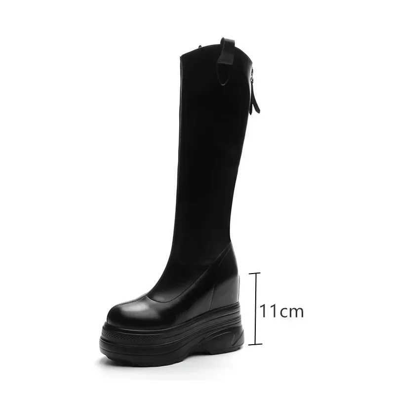 High Quality Womens genuine leather boots new 11cm heel high platform inner high boots T241206