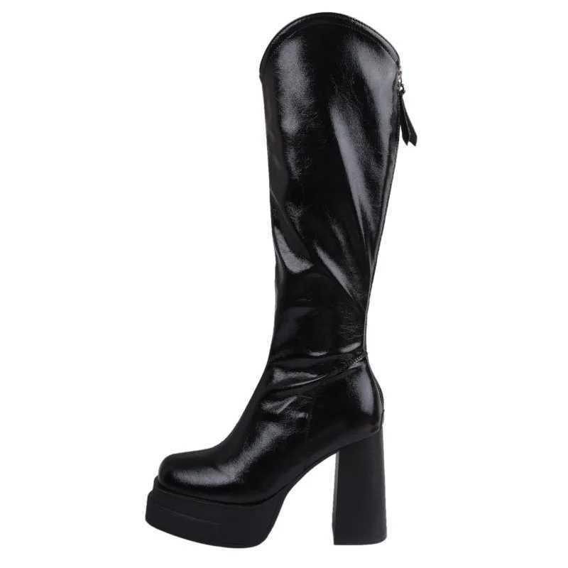 High Quality Platform Womens High Heels Elegant Knee High Heels Text Back Square Zipper Thick High Heels Fem T241206